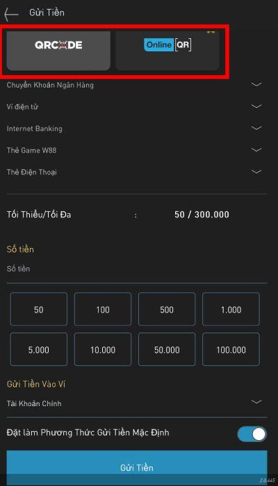 nạp tiền W88 bằng mã QR 