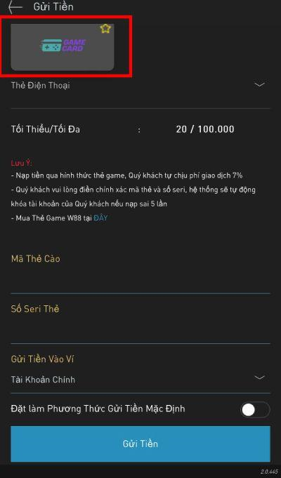 nạp tiền bằng thẻ game W88 