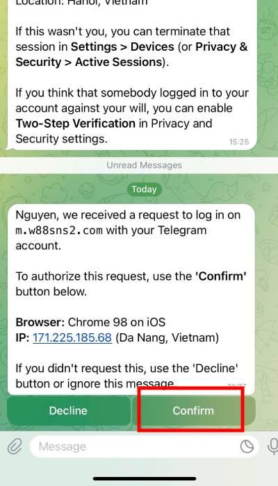 nhấn Confirm để xác nhận w88
